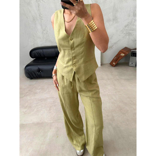 Stylish Button-front Vest Top and Lace-up Straight-leg Pants