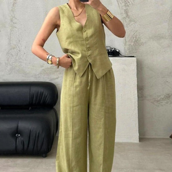 Stylish Button-front Vest Top and Lace-up Straight-leg Pants