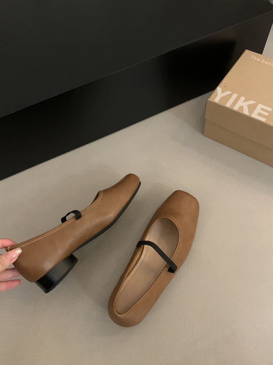 Ballet Flats Retro Square-Toe Chunky-Heel Pumps