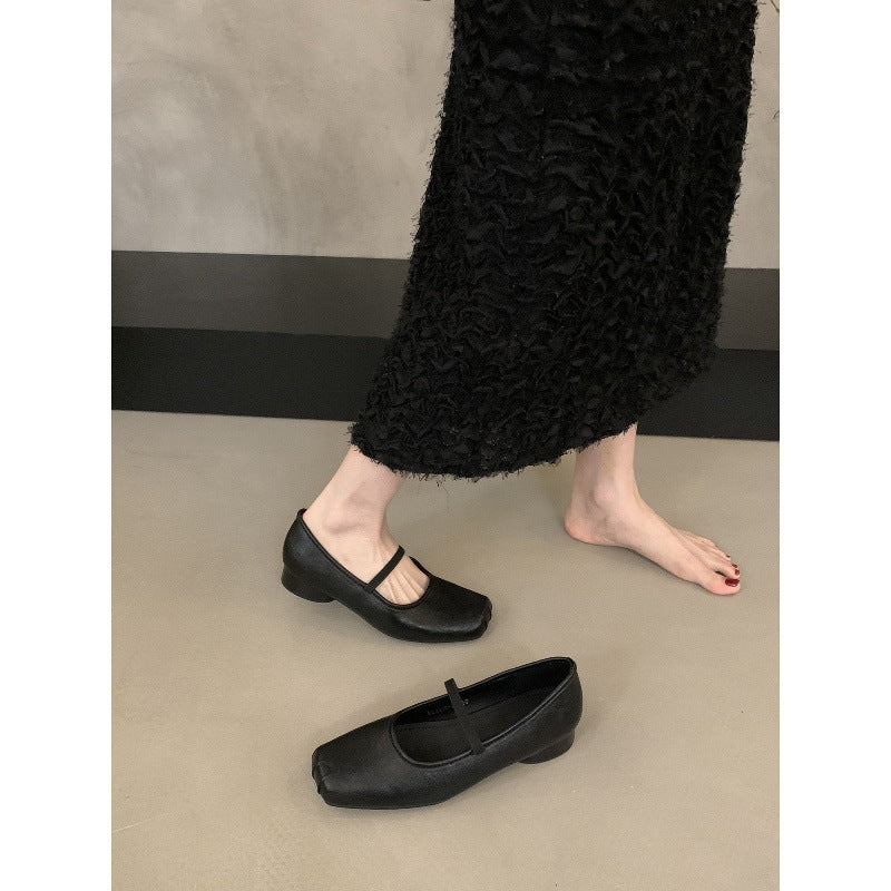 Ballet Flats Retro Square-Toe Chunky-Heel Pumps