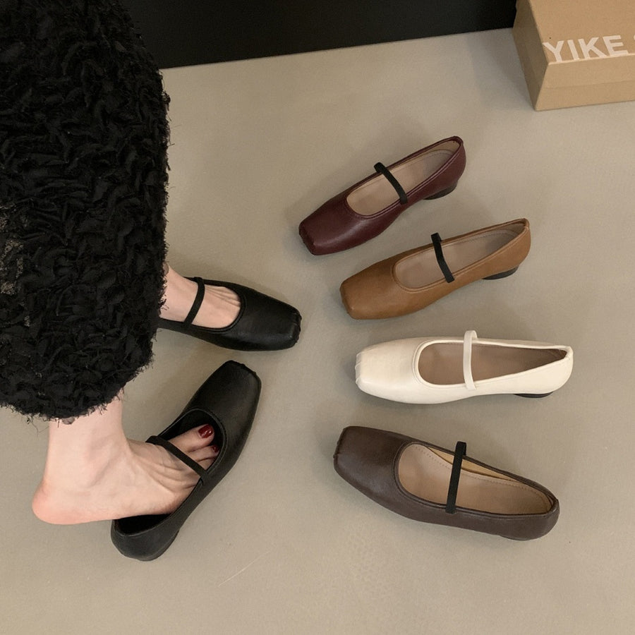 Ballet Flats Retro Square-Toe Chunky-Heel Pumps