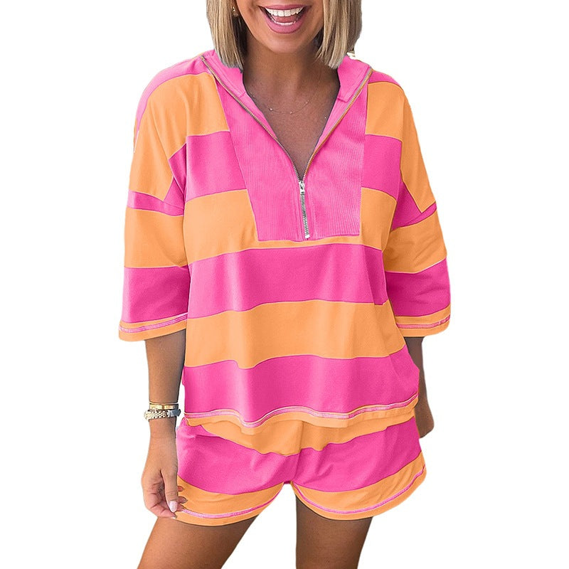 Womens Color-Block Loose Short-Sleeve Two-Piece Set