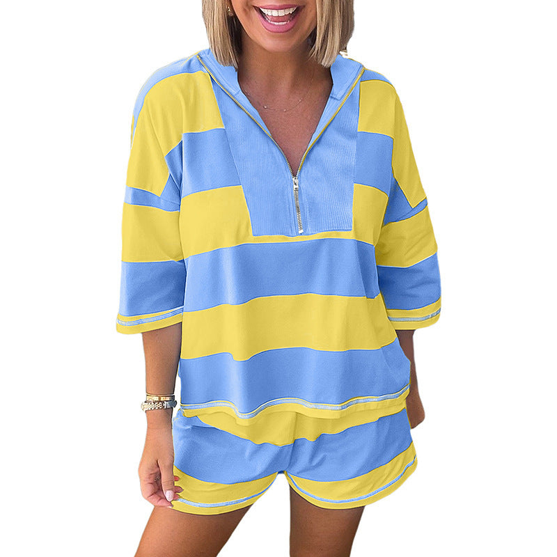 Womens Color-Block Loose Short-Sleeve Two-Piece Set