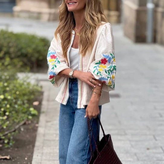 Early Autumn Loose-Fit Embroidered Jacket Top - Crop Top Style