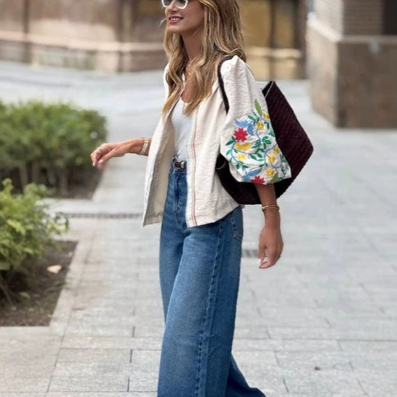 Early Autumn Loose-Fit Embroidered Jacket Top - Crop Top Style