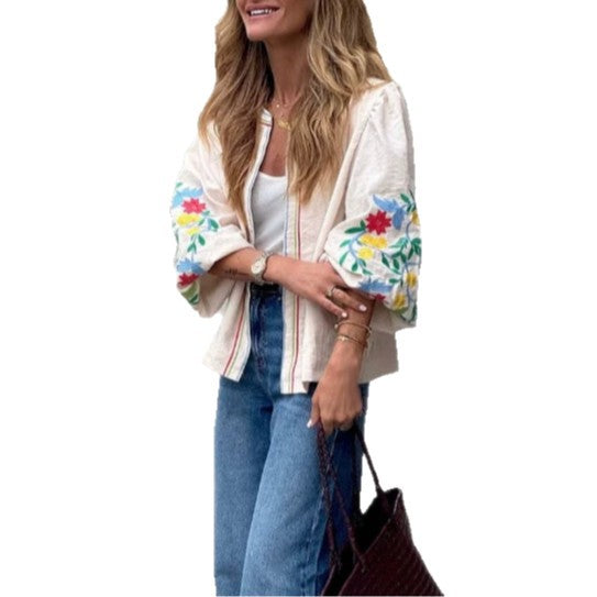 Early Autumn Loose-Fit Embroidered Jacket Top - Crop Top Style