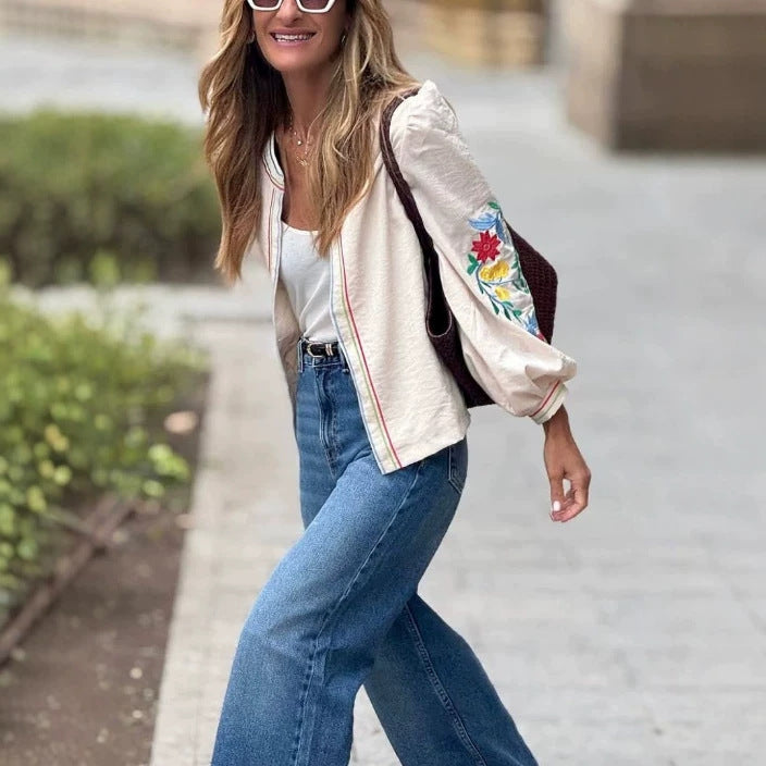 Early Autumn Loose-Fit Embroidered Jacket Top - Crop Top Style