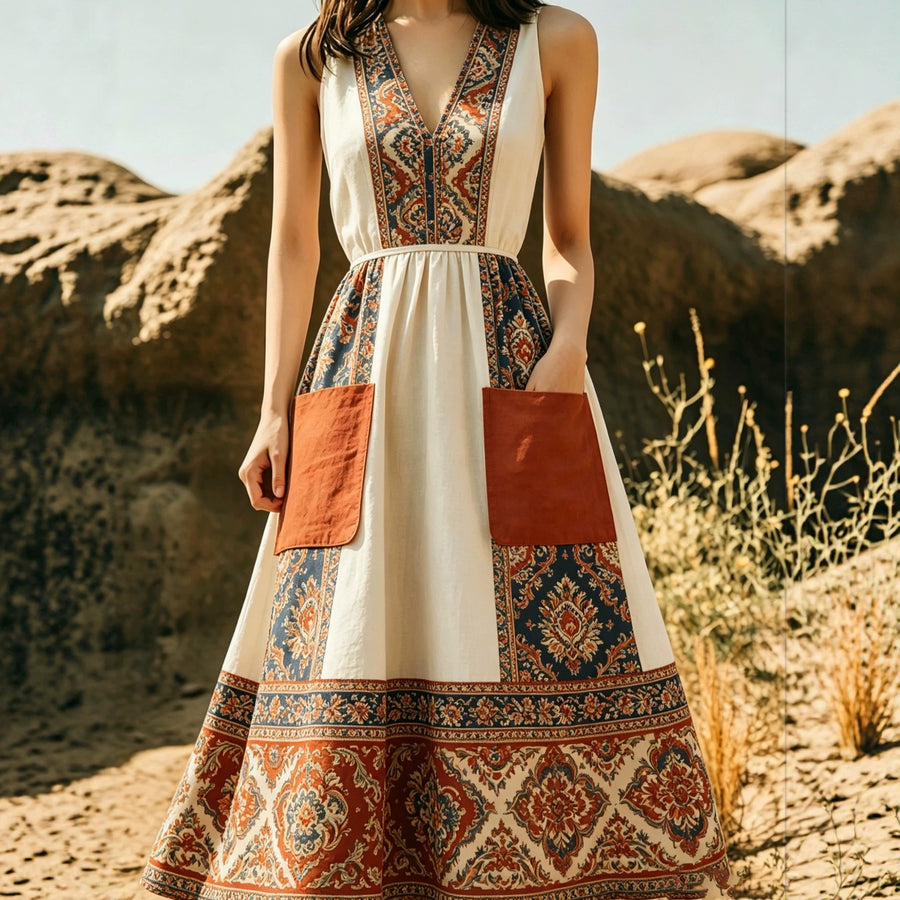 Figure-hugging Wide-skirted Dress with Pockets