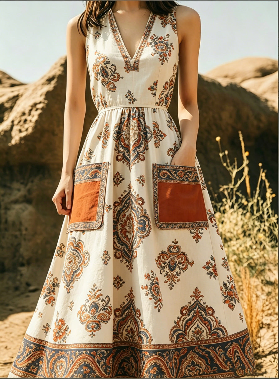 Figure-hugging Wide-skirted Dress with Pockets