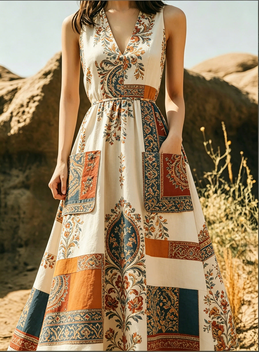 Figure-hugging Wide-skirted Dress with Pockets