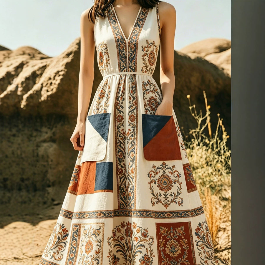 Figure-hugging Wide-skirted Dress with Pockets