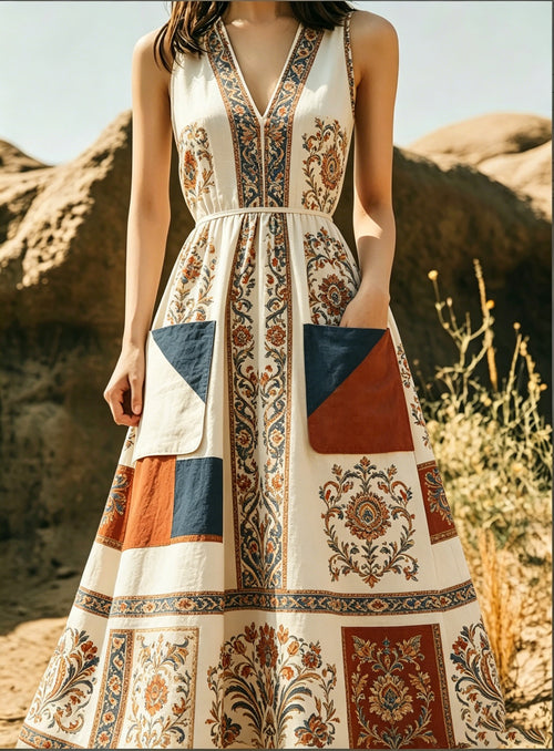 Figure-hugging Wide-skirted Dress with Pockets