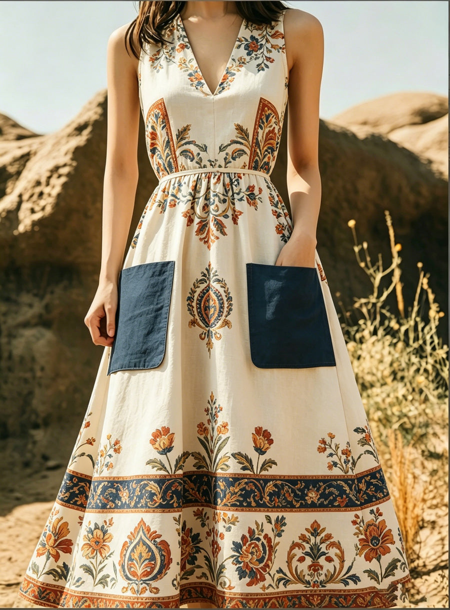 Figure-hugging Wide-skirted Dress with Pockets
