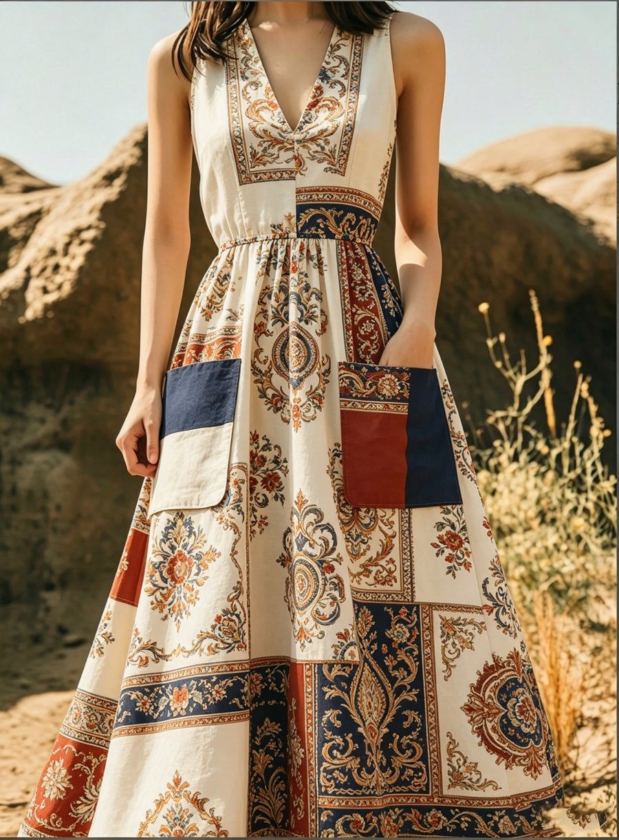 Figure-hugging Wide-skirted Dress with Pockets