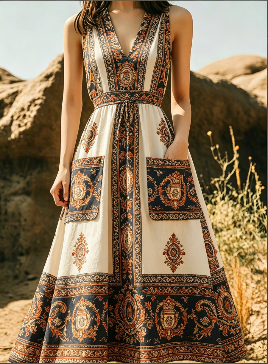 Figure-hugging Wide-skirted Dress with Pockets