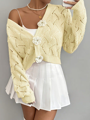 Elegant Solid-color Hollow-out Knit Cardigan for Stylish Looks