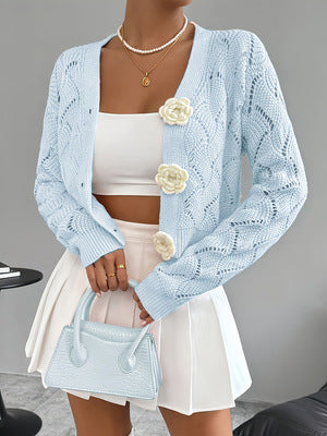 Elegant Solid-color Hollow-out Knit Cardigan for Stylish Looks