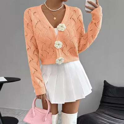 Elegant Solid-color Hollow-out Knit Cardigan for Stylish Looks