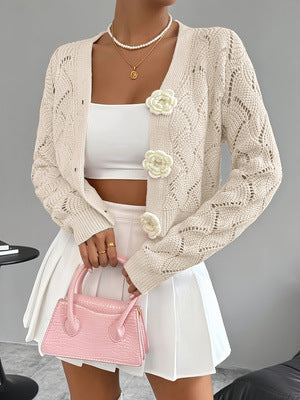 Elegant Solid-color Hollow-out Knit Cardigan for Stylish Looks
