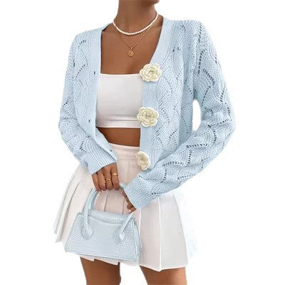 Elegant Solid-color Hollow-out Knit Cardigan for Stylish Looks