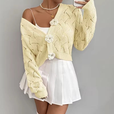 Elegant Solid-color Hollow-out Knit Cardigan for Stylish Looks