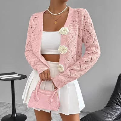Elegant Solid-color Hollow-out Knit Cardigan for Stylish Looks