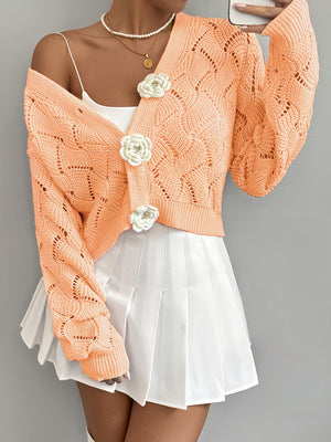 Elegant Solid-color Hollow-out Knit Cardigan for Stylish Looks