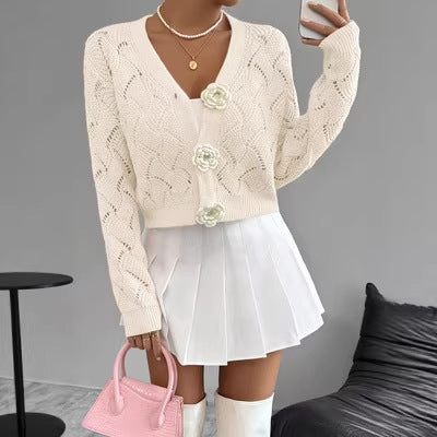 Elegant Solid-color Hollow-out Knit Cardigan for Stylish Looks