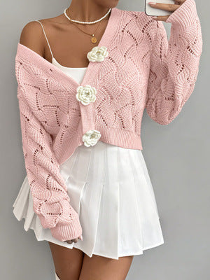 Elegant Solid-color Hollow-out Knit Cardigan for Stylish Looks