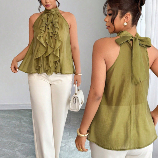 Plus-Size Women's French-Style Halter Top with Ruffled Hem