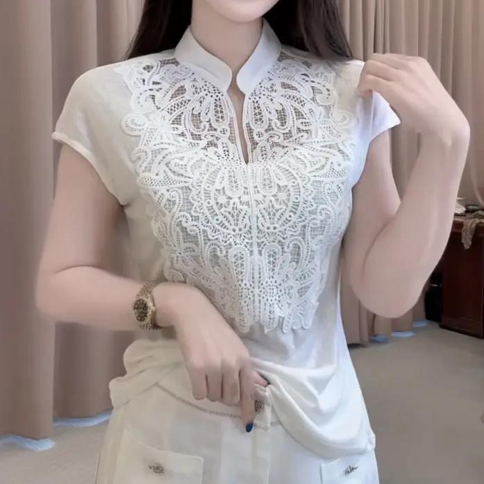 Elegant Lace Stand-up Collar Short-sleeve Shirt