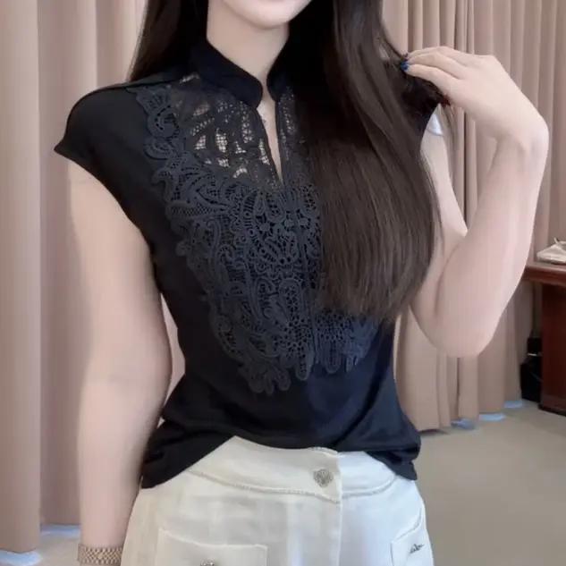 Elegant Lace Stand-up Collar Short-sleeve Shirt