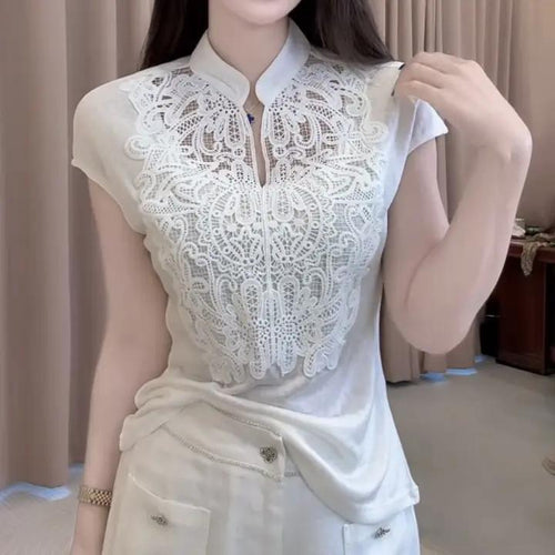 Elegant Lace Stand-up Collar Short-sleeve Shirt