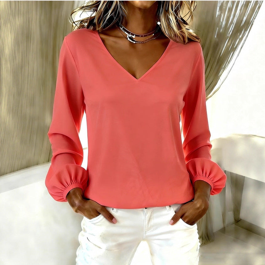 Fashionable Solid-color Long-sleeve V-neck Crop Top