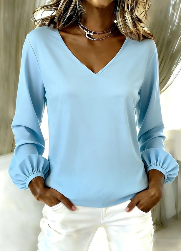 Fashionable Solid-color Long-sleeve V-neck Crop Top