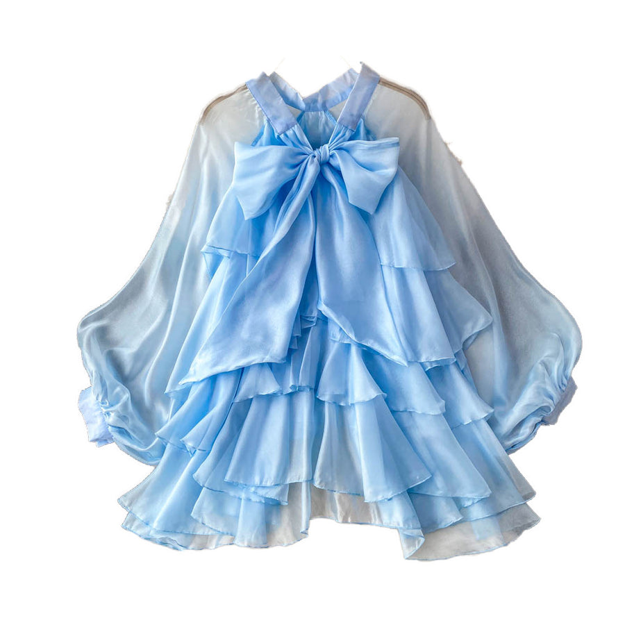 French-style Gentle Blue Bow-detail Puff-sleeve Blouse