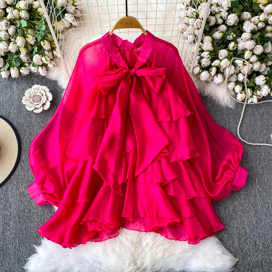 French-style Gentle Blue Bow-detail Puff-sleeve Blouse