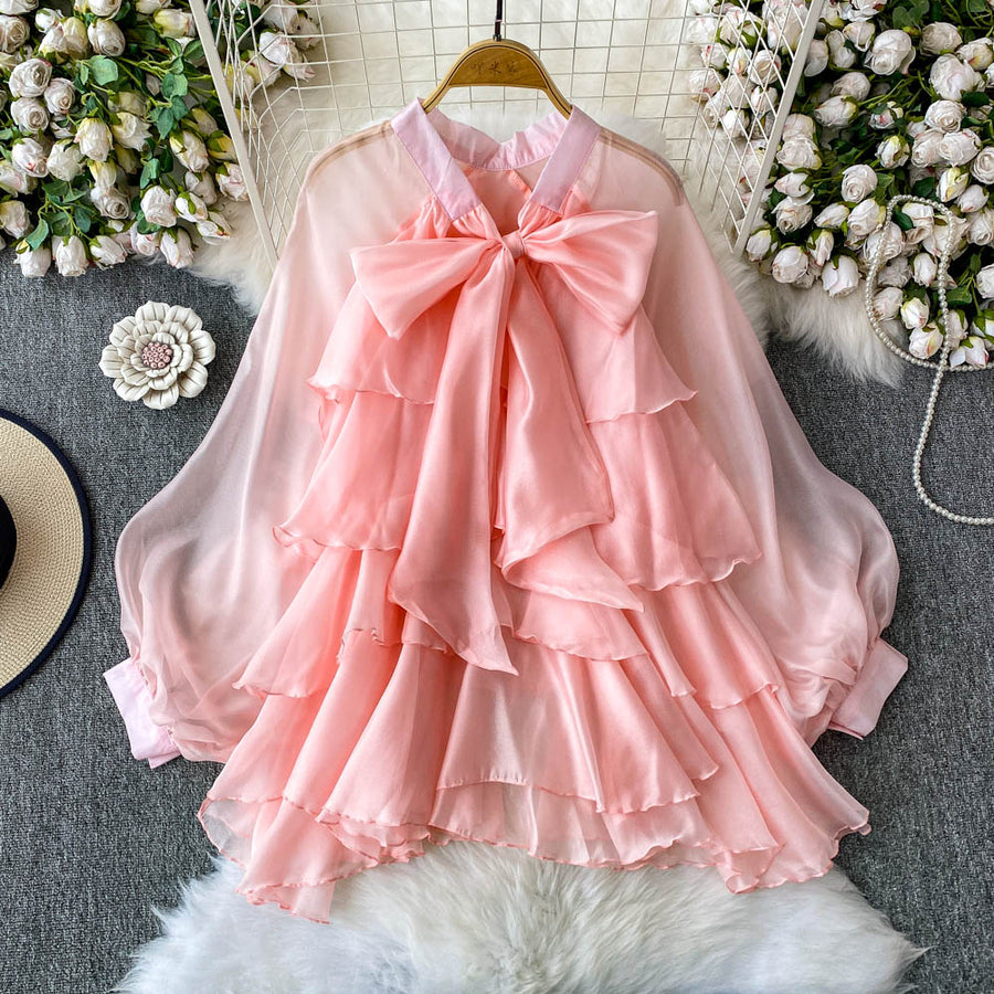 French-style Gentle Blue Bow-detail Puff-sleeve Blouse