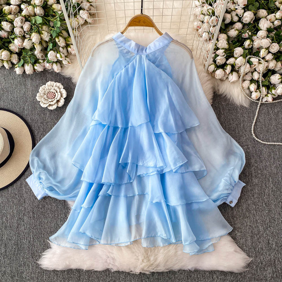 French-style Gentle Blue Bow-detail Puff-sleeve Blouse