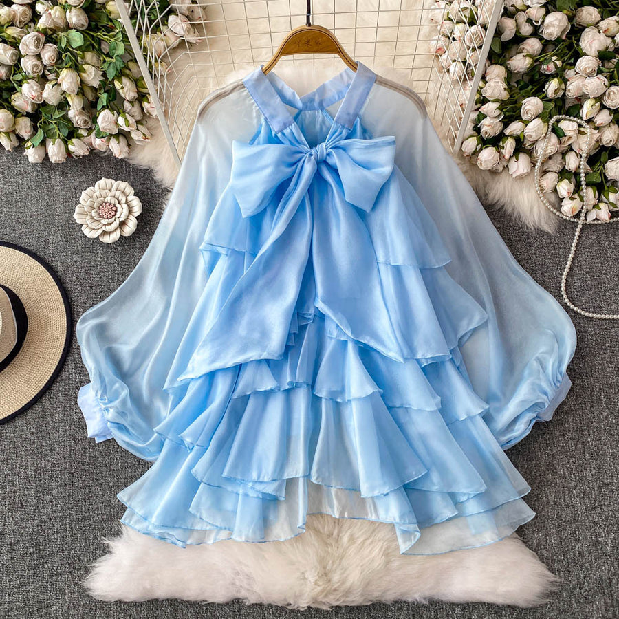 French-style Gentle Blue Bow-detail Puff-sleeve Blouse
