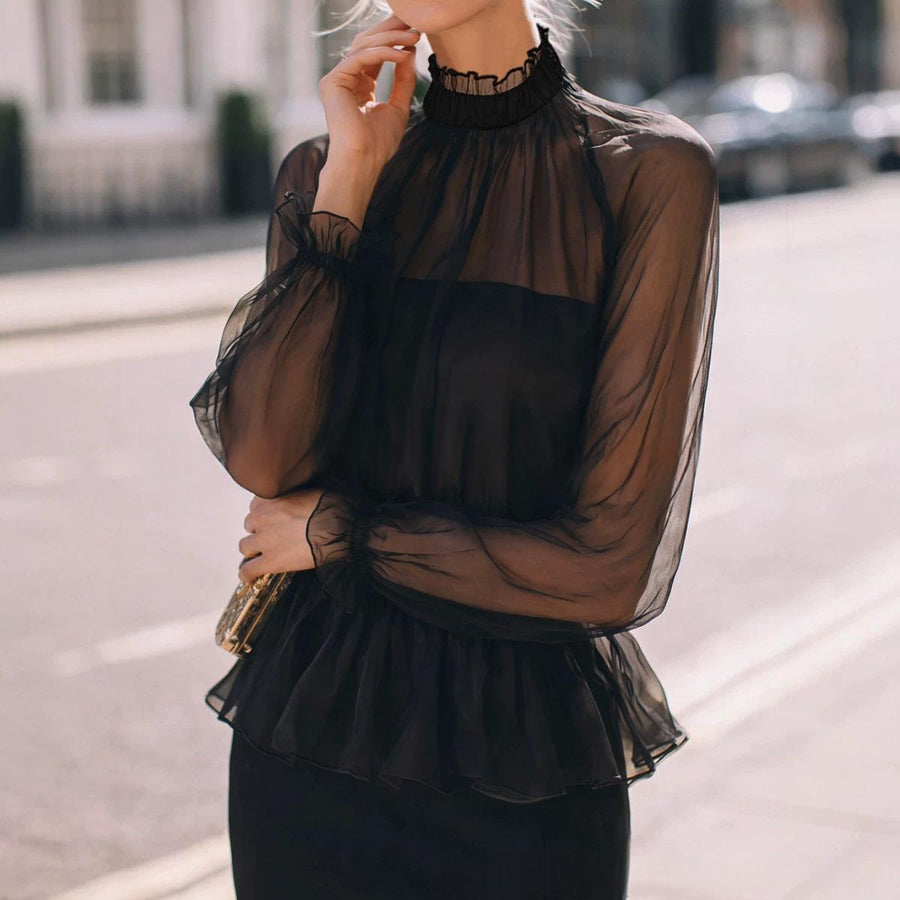Stand-Collar Ruffled Waist-Defined Long-Sleeve Crop Top