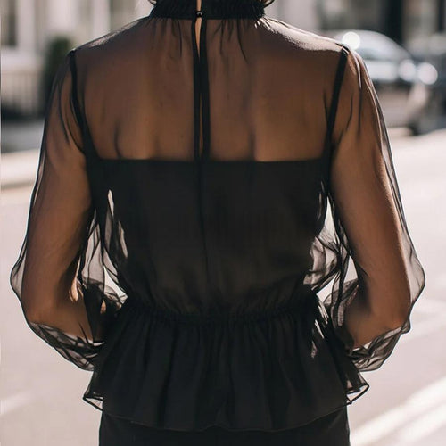 Stand-Collar Ruffled Waist-Defined Long-Sleeve Crop Top