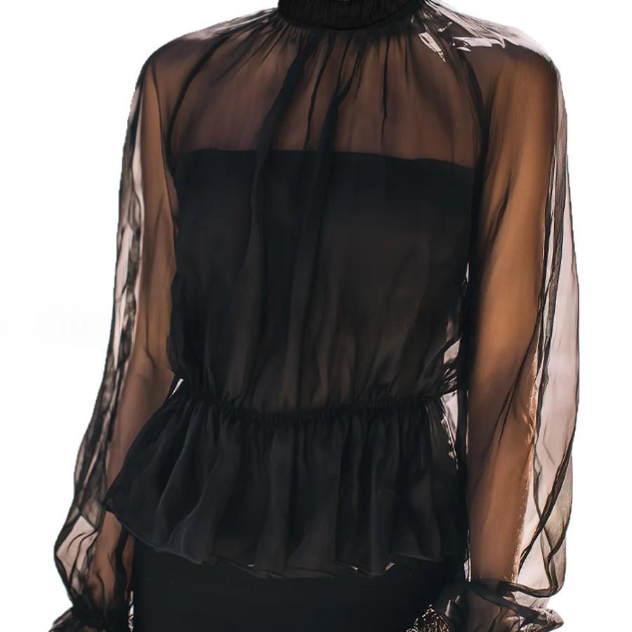 Stand-Collar Ruffled Waist-Defined Long-Sleeve Crop Top