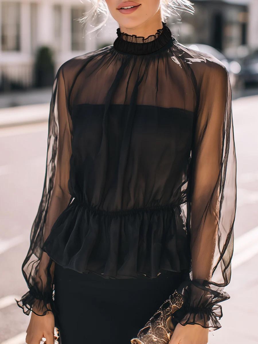 Stand-Collar Ruffled Waist-Defined Long-Sleeve Crop Top