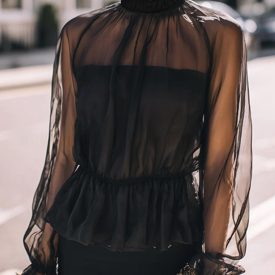 Stand-Collar Ruffled Waist-Defined Long-Sleeve Crop Top