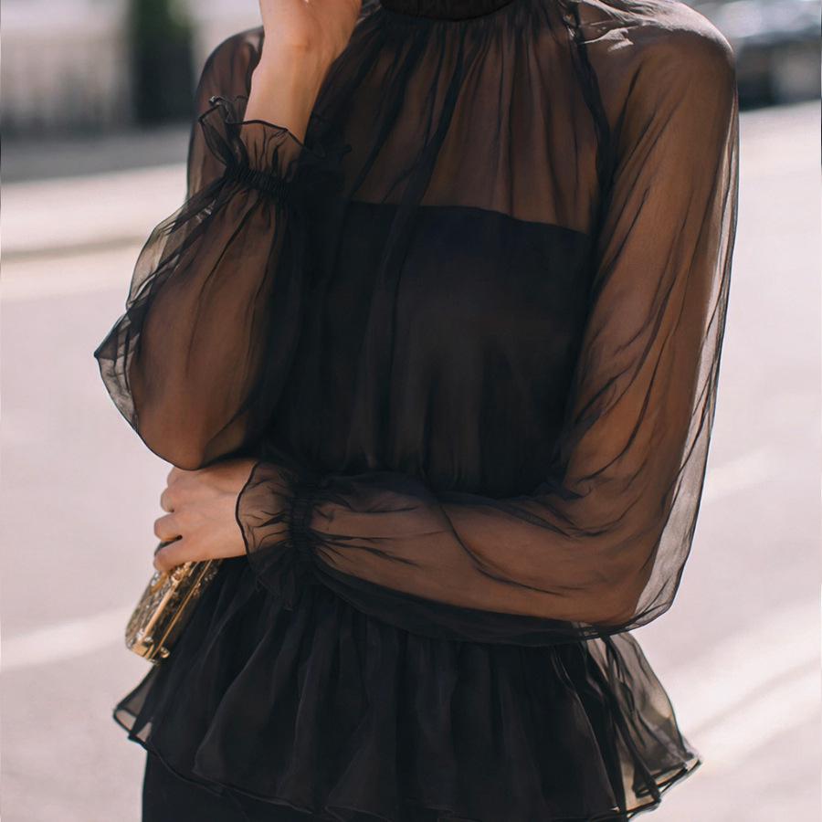 Stand-Collar Ruffled Waist-Defined Long-Sleeve Crop Top