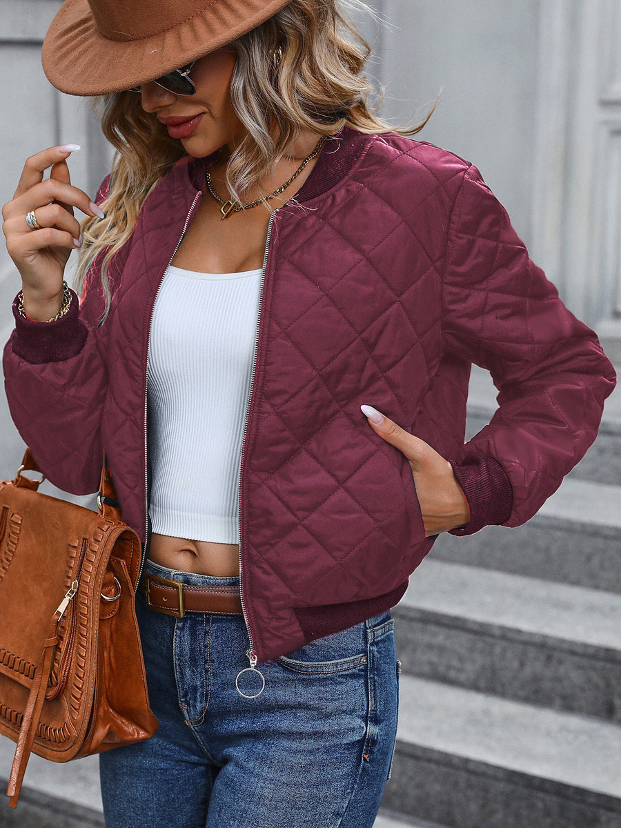 Stylish Diamond-Quilted Trench Coat with Stand-up Collar