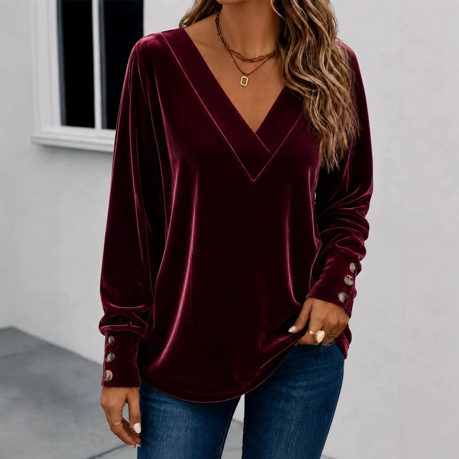 V-neck Velvet Long-sleeve Crop Top With Buttons