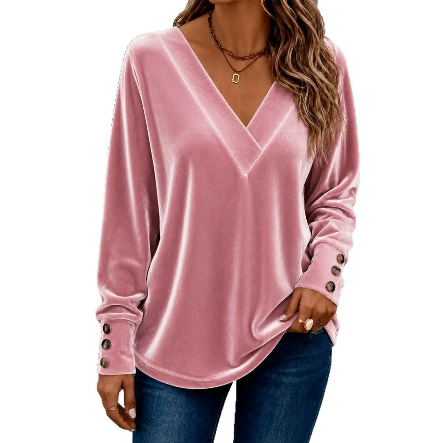 V-neck Velvet Long-sleeve Crop Top With Buttons