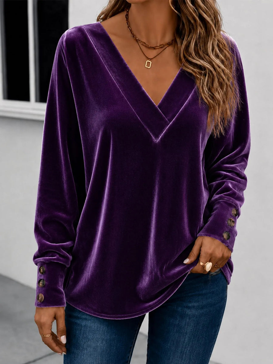 V-neck Velvet Long-sleeve Crop Top With Buttons